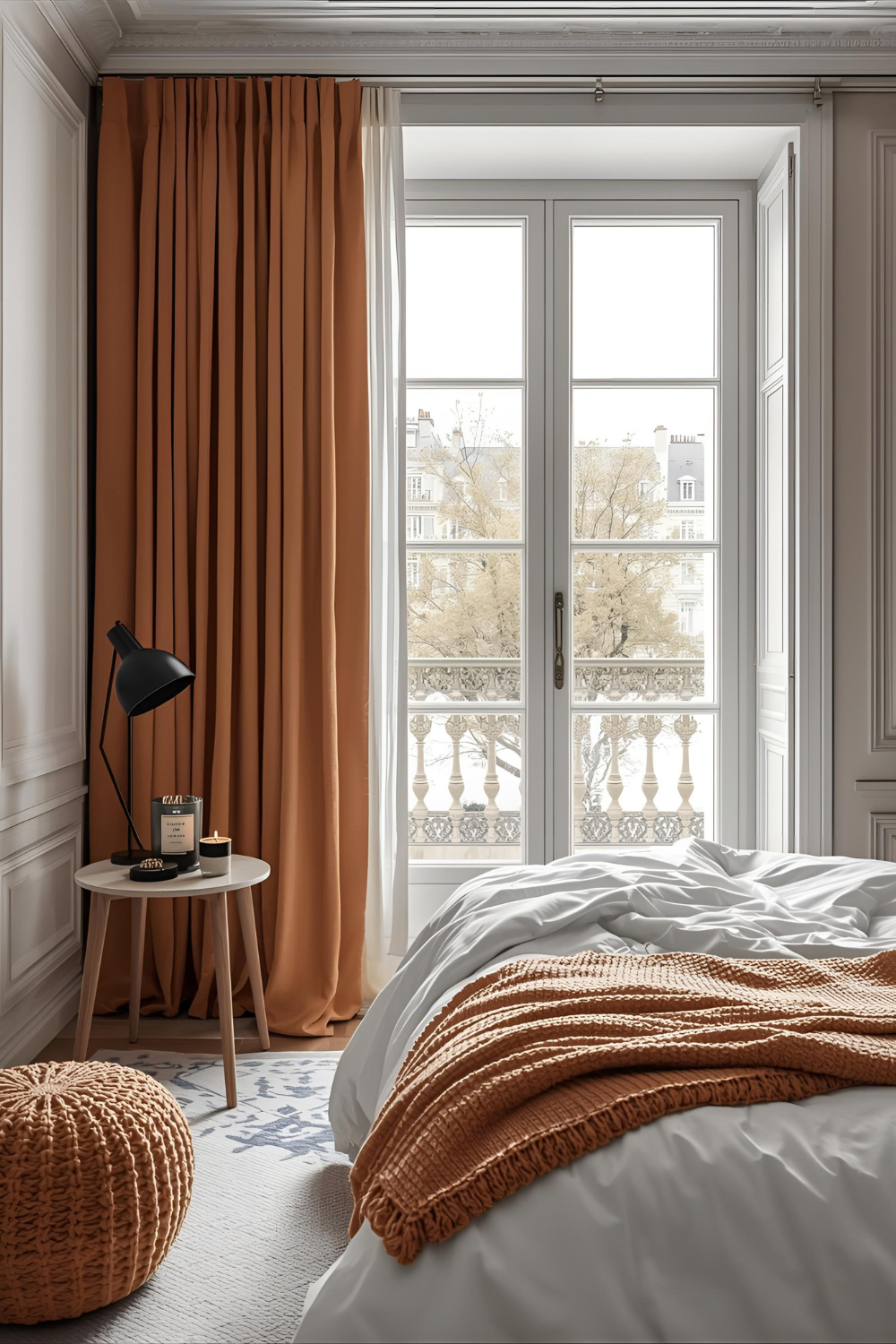 Fall bedroom with quilted comforter in warm autumn colors